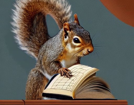 squirrel studying a table, AI-generated using Stable Diffusion